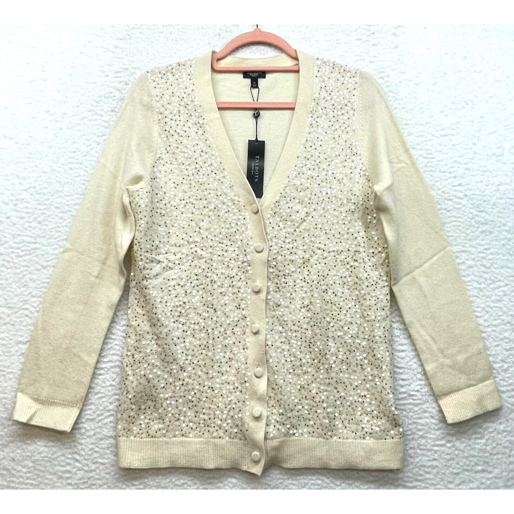 Talbots Cardigan Womens Medium Cream Petite Lambswool Sequin Button Up Rabbit - Picture 1 of 10